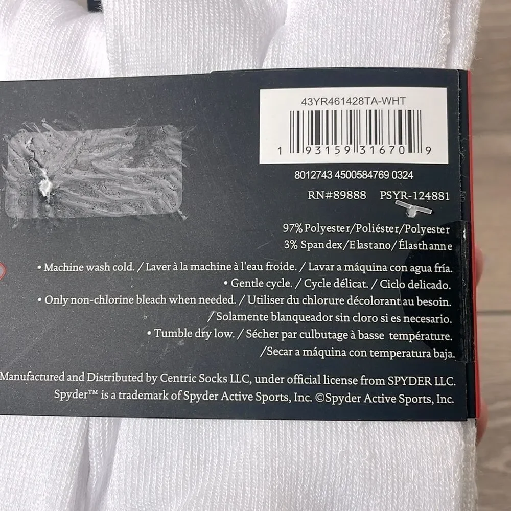 NEW Spyder Men’s Size 6-12 White Crew Socks w/ Logo- 6 Pairs 97%Poly/Spandex